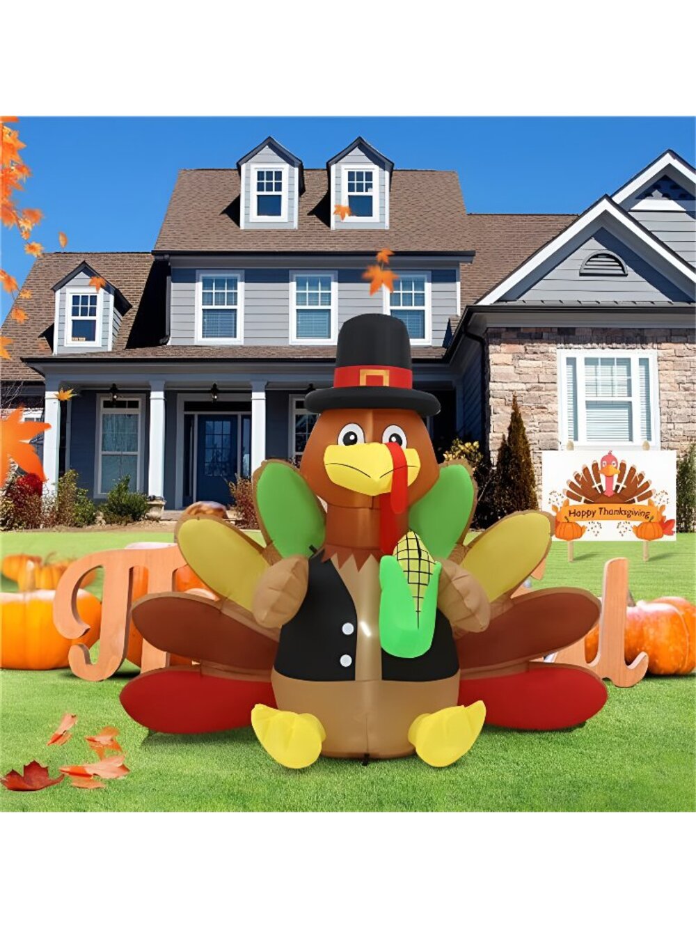 6 FT Turkey Holding Corn Thanksgiving Inflatable Decoration with LED Lights